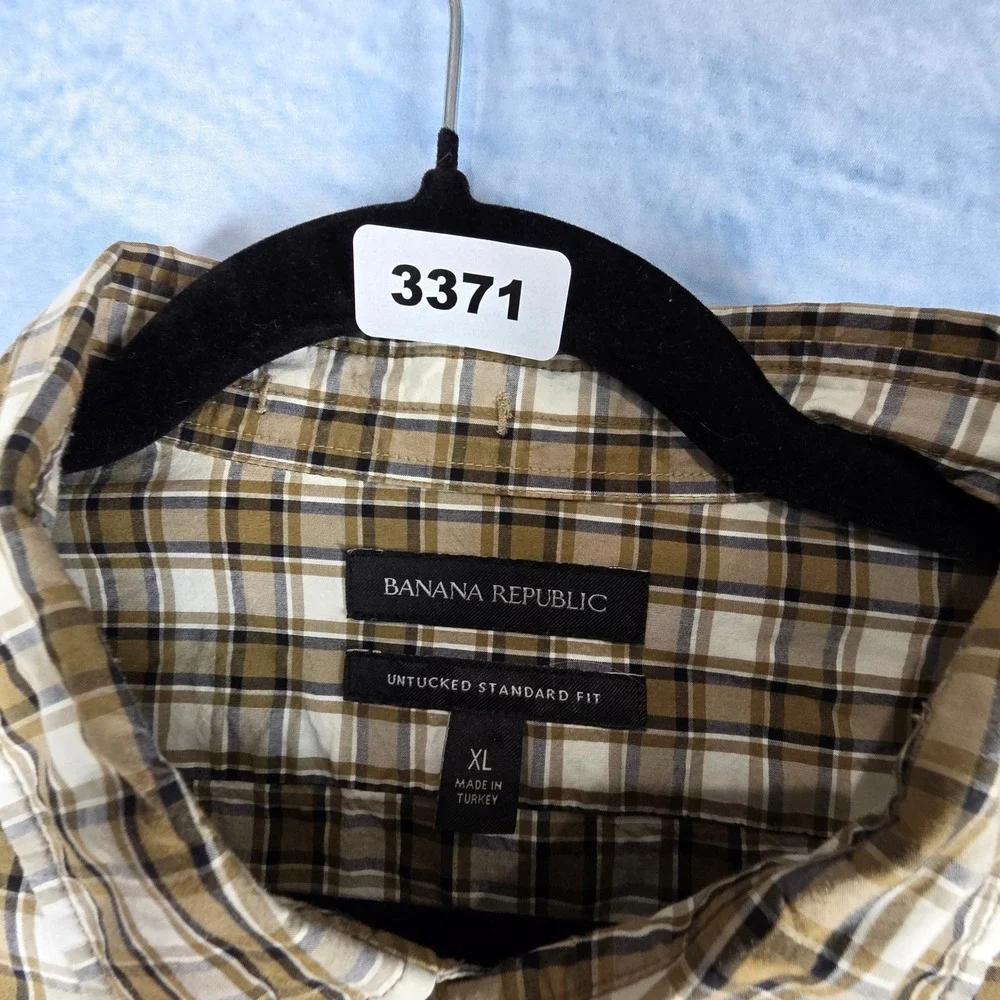 Banana Republic Mens XL Untucked Standard Fit Plaid Button Down Shirt Brown Tan
